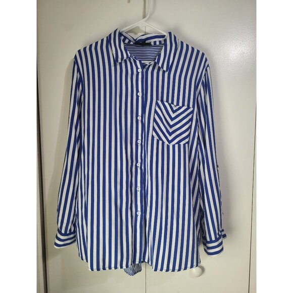 Jane and Delancey Tops - Jane & Delancey Women's XL Blue White Striped Button Down Shirt Coastal Beach